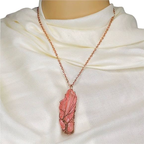 Tree of Life Wire-Wrapped Quartz Crystal Necklace, Rose Pink - Picture 6 of 10